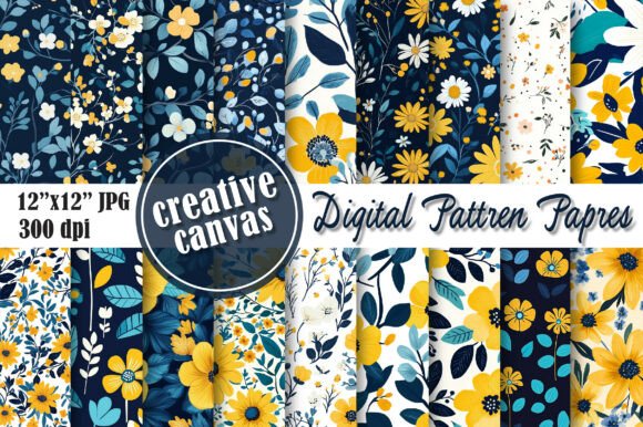 Download Yellow Blue Floral Digital Paper Bundle - Digital Collection