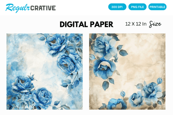 Download Watercolor Blue Rose Digital Paper Pack - Digital Collection