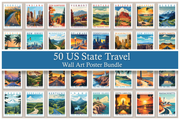 Download 50 US State Travel Wall Art Poster Set - Premium Resources