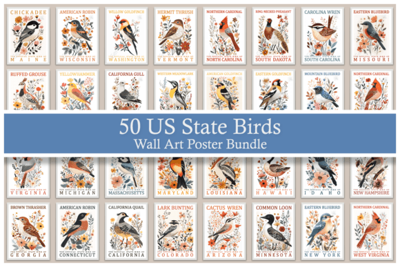 Download 50 US State Birds Wall Art Poster Bundle - Premium Resources