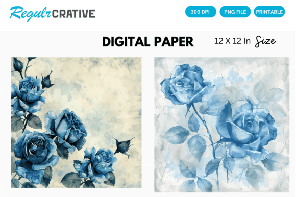 Download Watercolor Blue Rose Digital Paper Pack - Digital Collection