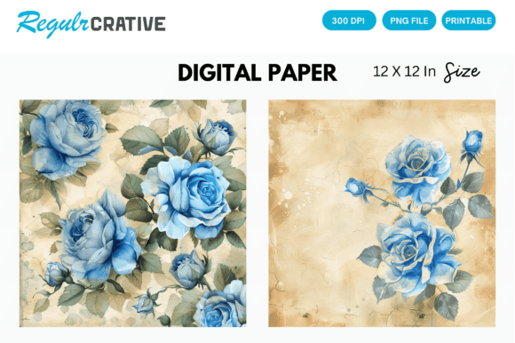 Download Watercolor Blue Rose Digital Paper Pack - Digital Collection