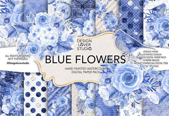 Download Watercolor BLUE FLOWERS Digital Paper Pa - Digital Collection
