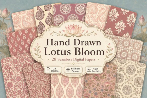 Download Hand Drawn Lotus Bloom Digital Paper - Digital Collection