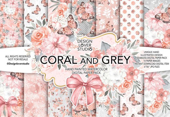 Download Watercolor CORAL and GREY Digital Paper - Digital Collection