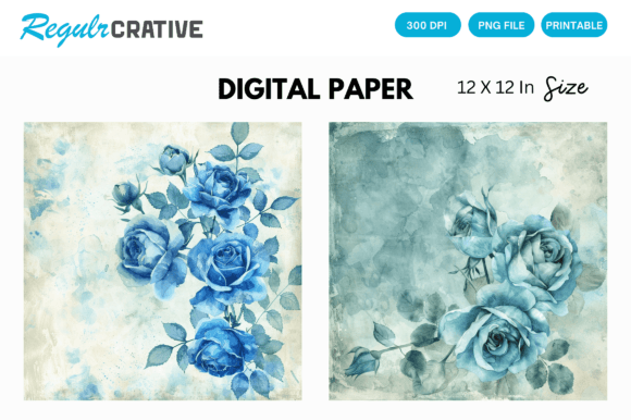 Download Watercolor Blue Rose Digital Paper Pack - Digital Collection